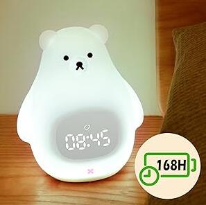 (image for) White Bear Clock and LED Night Light Rechargeable Nursery Lamp with Timer for Baby Girls Boys